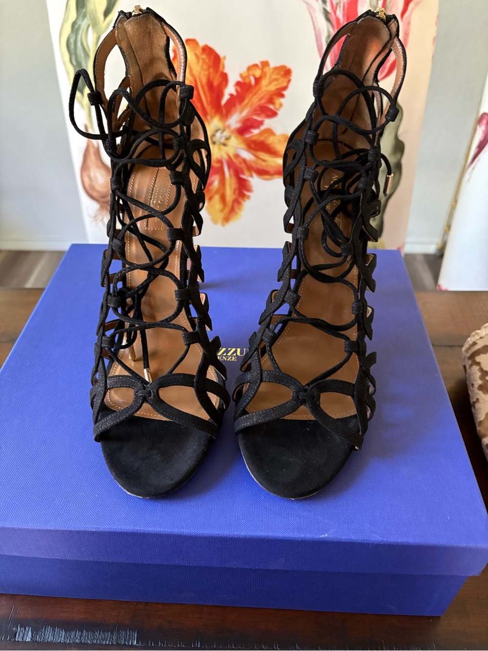 Aquazzura Black Lace-Up Cutout High Heel Sandals